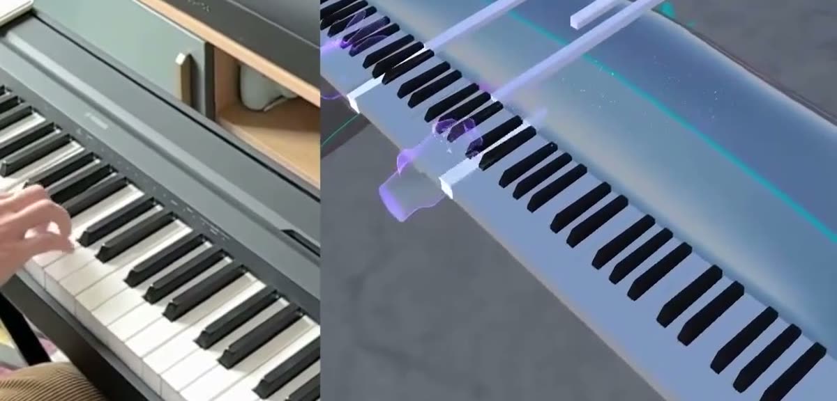 Real hands on a real keyboard next to the same performance inside Museverse